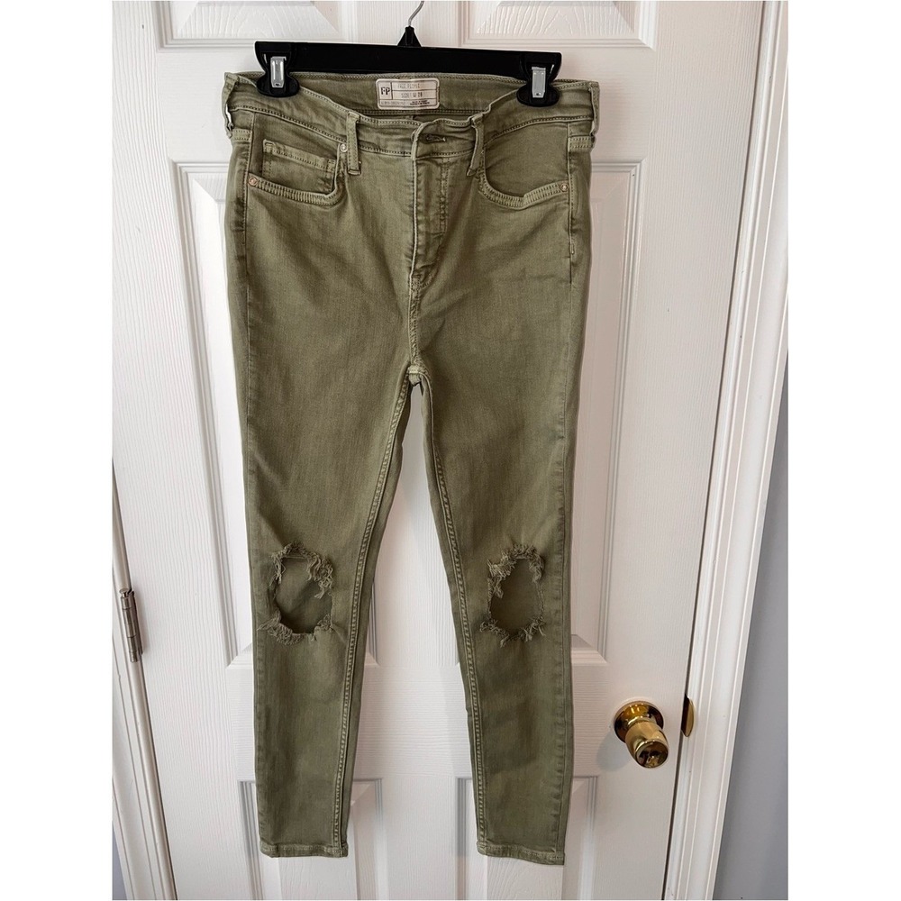 Free People Army Grunge Knee Distressed Jeans Olive Green Size 28‎ Stretch